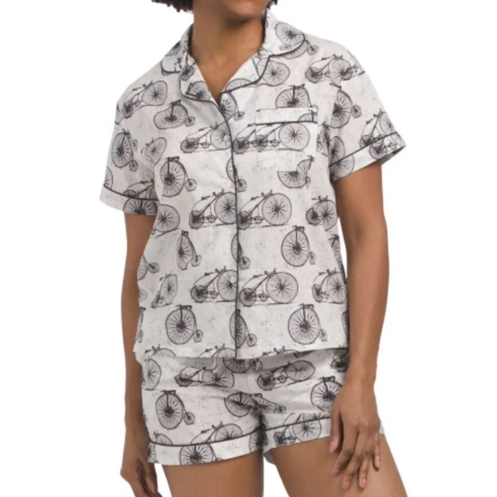 NWT CRAFTED BY MAHOGANY Cream/Black 2pc Cotton Bicycle Shorty Pajama Set - Picture 2 of 5